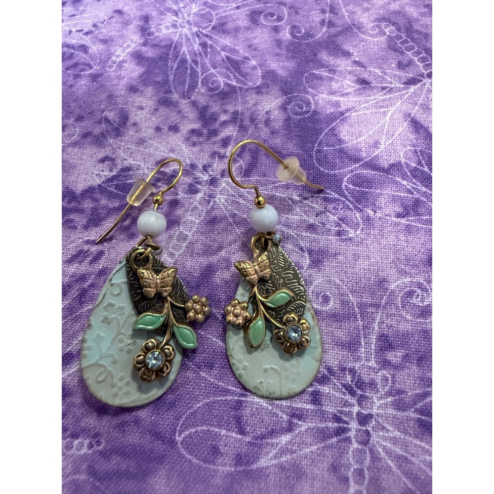 Womens Dangle Earrings Blue Bronze Floral Butterfly Cottagecore Fairy Boho Chic